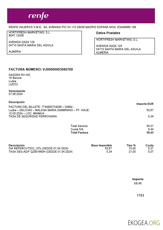Modèle de facture de services publics de Lettonie Renfe aux formats Word et PDF